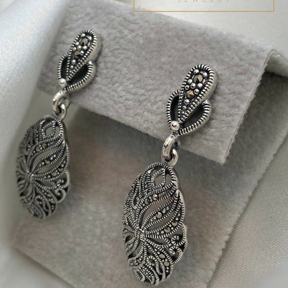 925 STERLING SILVER VINES MARCASITE DROP EARRINGS - Picture 2 of 4